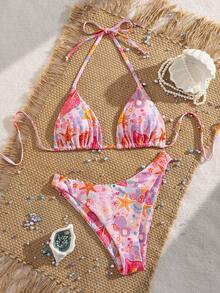 Swim Mod Summer Vacation Sexy Fashion Allover Shell Print Halter Tie Two Pieces Bikini Set - Multicolor - View 4