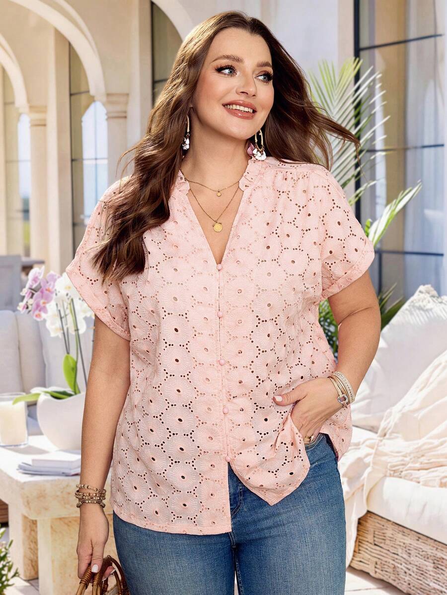 Rosumi Plus Size Women's Summer Elegant Pastel Pink Floral Embroidery Ruffle Collar Blouse,Everyday Casual Boho Hollow-Out Top,Vacation Country Style Shirt - Dusty Pink - View 1