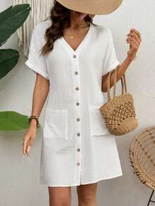 Zayélia Women's Casual Solid Color Front Button Pocket Dress, Summer Beach Vacation Plain All White - White - View 4