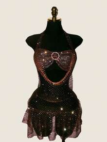 Jeanoix Women's Party Dress, Shiny Fishnet & Rhinestone Material, Suitable For Bar, Party, Club Outfit - Chocolate Brown - View 4