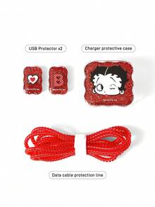 Betty Boop x SHEIN Bộ 3 ốp bảo vệ cáp dữ liệu, phù hợp với bộ sạc , họa tiết hoa anh đào, ốp bảo vệ bộ sạc (không kèm cáp dữ liệu) - Đỏ - Xem 5