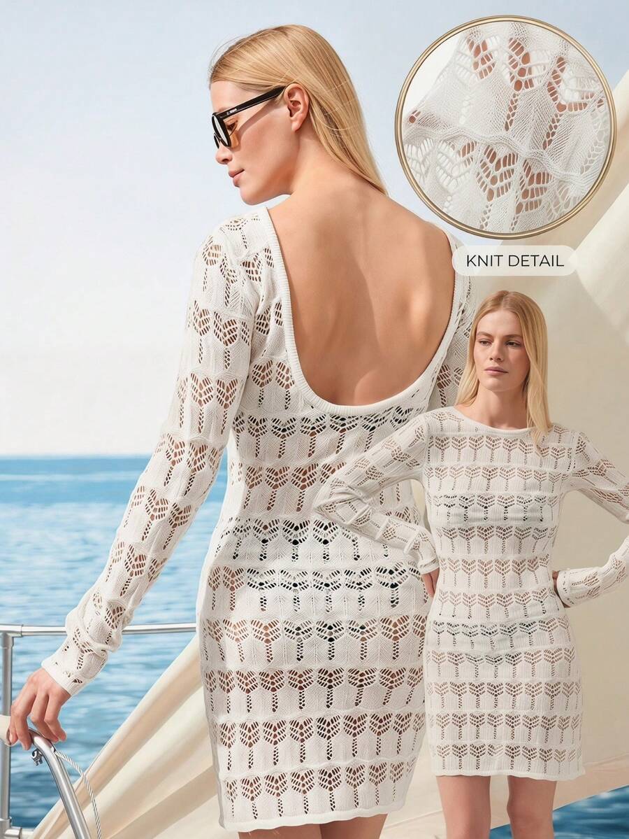 Zovinel Vestido de punto ligero, de cuello redondo calado, blanco, de estilo minimalista, casual, elegante, para vacaciones, fiestas, primavera/verano
