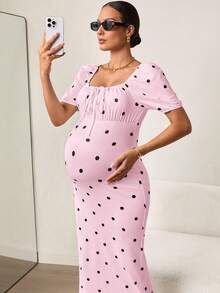 MaterniWear Đầm bầu in chấm bi, thắt nơ phía trước, tay ngắn kiểu cánh hoa. - Hồng - Xem 7