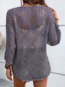 SHEIN Holidaya Áo len nữ màu trơn khoét lỗ, kiểu dáng thường ngày đa năng. - Màu tím  Violet - Xem 3