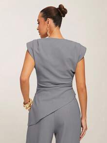 Silquee Blus Wanita Lengan Pendek Elegan dengan Potongan Asimetris dan Drape Warna Polos, Atasan Musim Panas - Grey - View 2