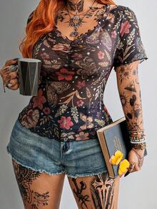 Whyspr Plus Size Punk Floral Print Sheer Blouse, Spring/Summer - Multicolor - View 5