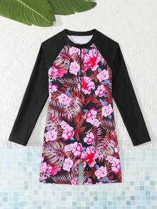 SHEIN 少女碎花长袖连体泳衣，适合海滩度假、泳池派对、沙滩派对 - 白色 - 查看 7
