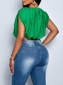 SOLERSUN Women's Plus Size Simple Spring Summer Daily Wear Solid Color Ruched Sleeveless Shirt - Green - View 2