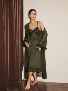 Slumberist 2pcs/Set Fishbone Design Waist Lace Camisole Nightgown + Floral Trim Wide Sleeve Mesh Robe - Army Green - View 8