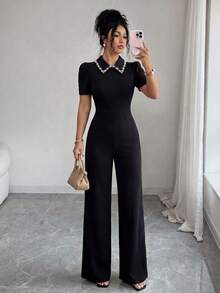 SHEIN Elenzya Bộ jumpsuit tay cánh hoa cổ ngọc trai đen, dáng suông ôm eo, thanh lịch, phù hợp cho cả công sở và phong cách tối giản thường ngày. - màu đen - Xem 4