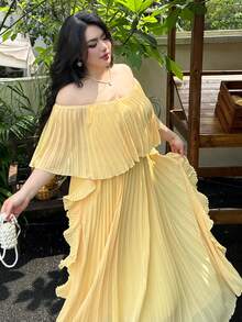 Vibekara Đầm maxi dáng chữ A thanh lịch kiểu Pháp, tay bồng xếp ly, trễ vai, thích hợp cho kỳ nghỉ, đi biển, tiệc cocktail, đám cưới, phù dâu, chất liệu chiffon màu vàng mỏng, cỡ lớn. - Màu vàng - Xem 2