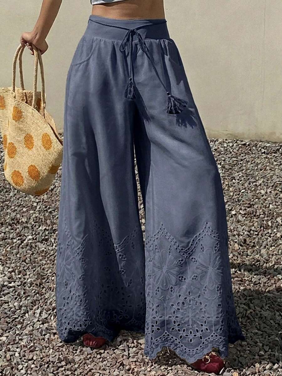 Livesso 高腰海軍藍純色流蘇綁帶鏤空刺繡蕾絲飾邊超寬腿女款長褲 度假海灘灰藍色夏季性感 - 藏蓝色 - 查看 1