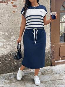 SHEIN LUNE 大码女装夏季两件套：纹理上衣和半裙，夏季两件套半裙套装，女士休闲两件套，女士休闲中长连衣裙，修身夏季连衣裙，蓝色连衣裙，女士两件套 - 彩色 - 查看 4