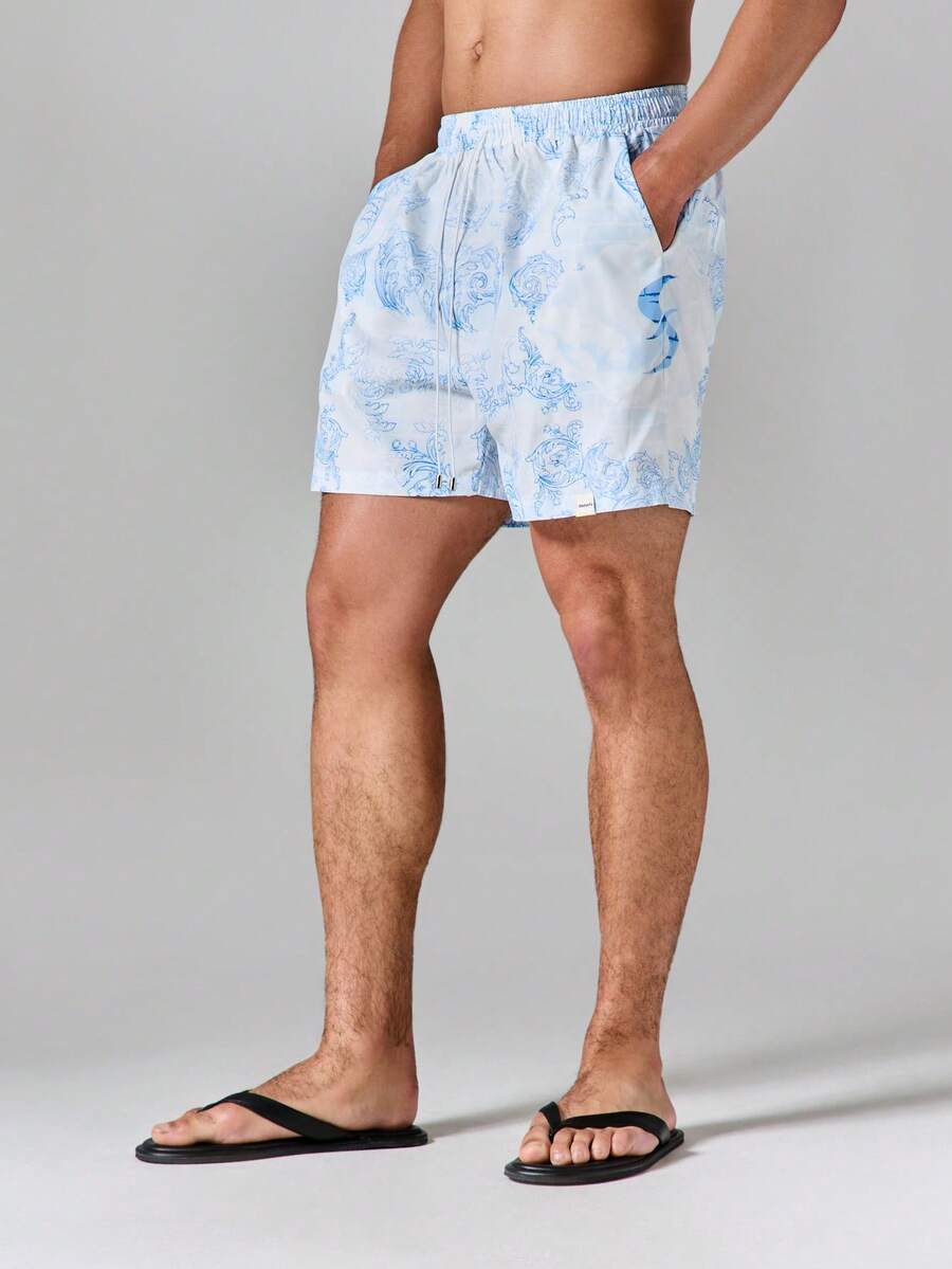 SUMWON Quần bơi nylon in họa tiết cuộn xoắn Baroque với dây rút co giãn ở eo, lý tưởng cho kỳ nghỉ hè ở bãi biển. - Màu xanh nhạt - Xem 1