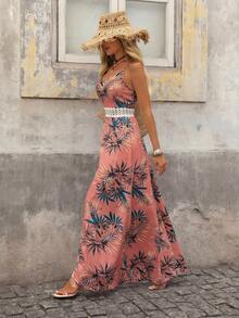 Brillora Women's Tropical Plant Print Lace Patchwork Slip Dress,Dresses For Women Summer - Coral Pink - View 7
