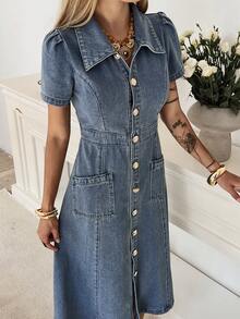 Dazy Tall Đầm denim dài tay ngắn cổ bẻ, thắt eo, kiểu dáng thanh lịch, thích hợp mặc đi biển cho nữ. - Rửa trung bình - Xem 3