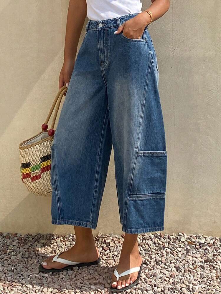 Washed Distressed Patchwork Loose 7/8 Jeans, Casual Vacation Street Style For Women, Summer