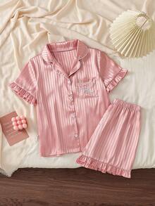 2-Piece Girls Kids Summer Pink Stripe Cute Nighties,Lapel Collar Short Sleeve Ruffle Trim Satin Pajamas Set,Ice Silk Sleepwear Loungewear Homewear - Dusty Pink - View 1