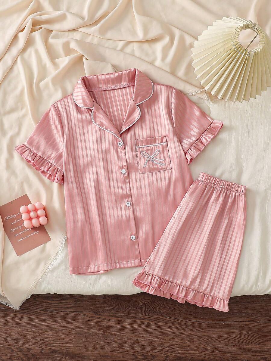 2-Piece Girls Kids Summer Pink Stripe Cute Nighties,Lapel Collar Short Sleeve Ruffle Trim Satin Pajamas Set,Ice Silk Sleepwear Loungewear Homewear - Dusty Pink - View 1