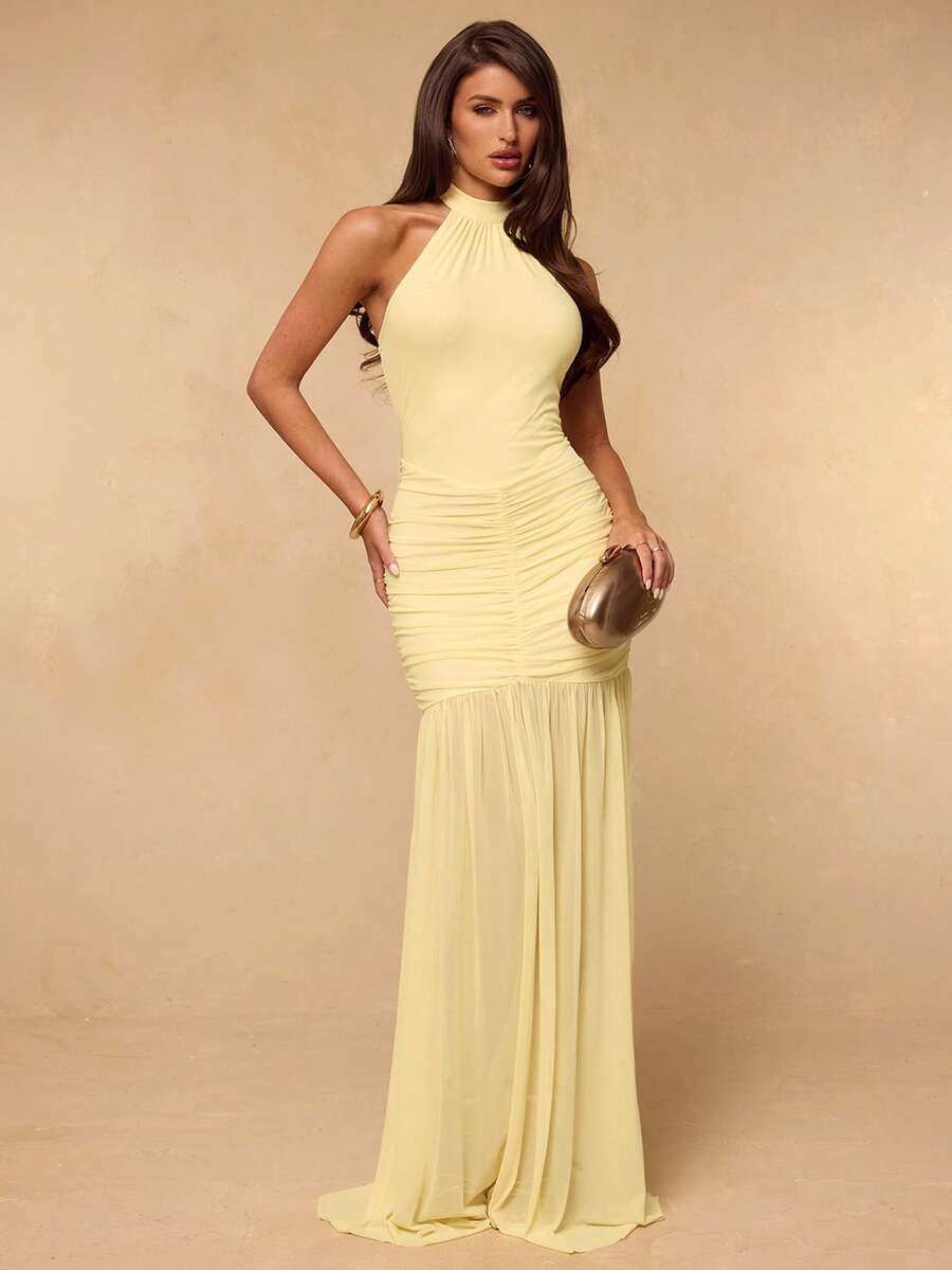 SHEIN BAE Đầm mùa hè màu vàng trơn, chất liệu lưới, xếp ly ở gấu, hơi xuyên thấu, gợi cảm và thanh lịch, đầm vàng, đầm đi nghỉ mát, đầm dự tiệc. - Màu vàng - Xem 1