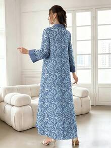 SHEIN Najma 花卉图案V领长袖连衣裙，女士时尚开衩下摆长裙，优雅阿拉伯风格春夏装，适合度假、假日和日常穿着。 - 彩色 - 查看 2