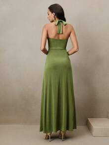 Anewsta Vestido midi elegante y sexy con nudo retorcido y espalda descubierta para mujeres, color verde - Verde - Ver 5