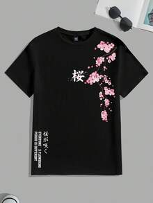 Manfinity Joysei Men's Chinese Character Print Round Neck Short Sleeve Casual Versatile T-Shirt - Black - View 3