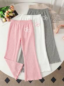 SHEIN 3件套女童休闲柔粉色、白色和灰色纯色喇叭裤，饰有爱心印花，高性价比，适合春夏室内外玩耍，甜美清新，舒适喇叭裤套装 - 彩色 - 查看 3