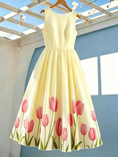 Franclia Women's New Round Neck Sleeveless Waist Cinched Floral Print Flared Dress