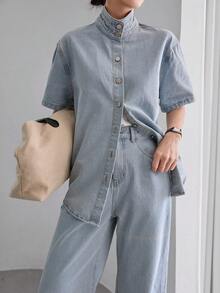 Dazy-Less Bộ đồ denim thường ngày dành cho nữ, gồm áo cổ đứng cài cúc đơn và quần dài. - Màu xanh lam - Xem 9