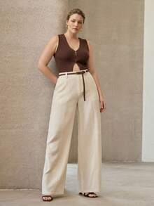MOTF PREMIUM PLUS SIZE LINEN CASUAL PANTS, SPRING/SUMMER FALL - Apricot - View 6