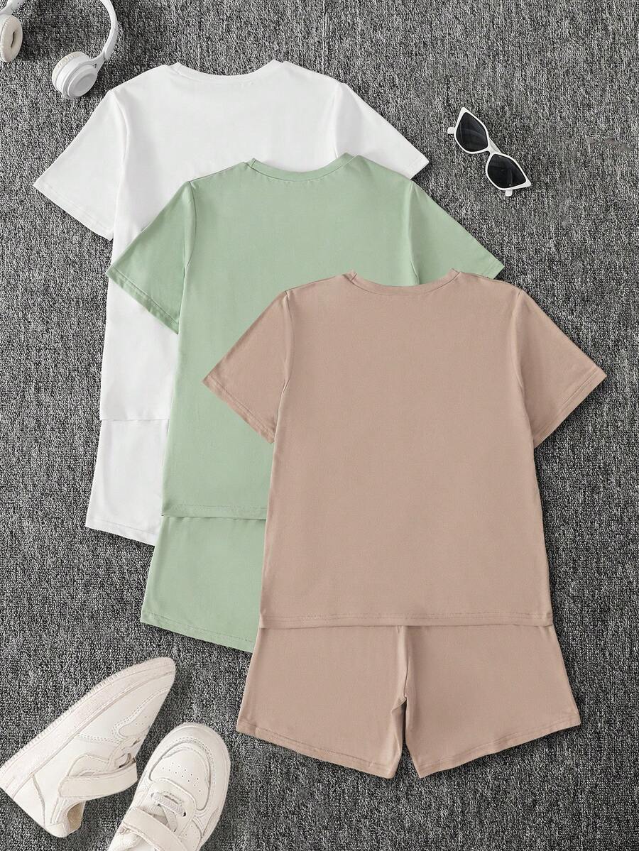 6pcs Tween Boys' Casual Slogan Print Crew Neck T-Shirt And Shorts Set,White,Summer,Streetwear,School,Back-To-School Daily Sports Outfit - Multicolor - View 1