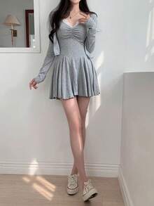 DAZY Solid Ruched Cami Dress & Open Front Jacket, Ruffle, Women Two Pieces Sets,Fall Women Clothes Lounge Sets For Women - Grey - View 5