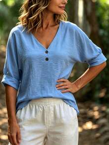 Zayélia Blusa holgada de mujer con cuello en V y botones de estilo lino sintético, nueva temporada - Azul - Ver 7