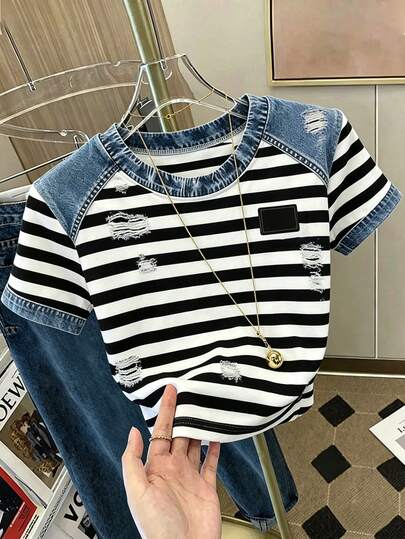 Franclia Camiseta casual de mujer de cuello redondo con parches, camiseta efecto denim, camiseta a rayas, camiseta casual cómoda para exteriores, camiseta para todas las estaciones