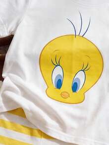 LOONEY TUNES X SHEIN GraphicGems 女婴两件套，白色圆领卡通小鸟短袖T恤+黄白条纹打底裤，可爱套装，适合女婴夏季外出和居家穿着 - 黃色 - 查看 3