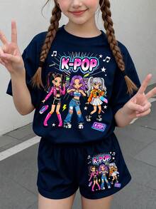 两件套少女休闲时尚彩色韩流女团卡通人物印花套装，藏蓝色圆领短袖T恤和短裤，适合夏季穿着 - 彩色 - 查看 1