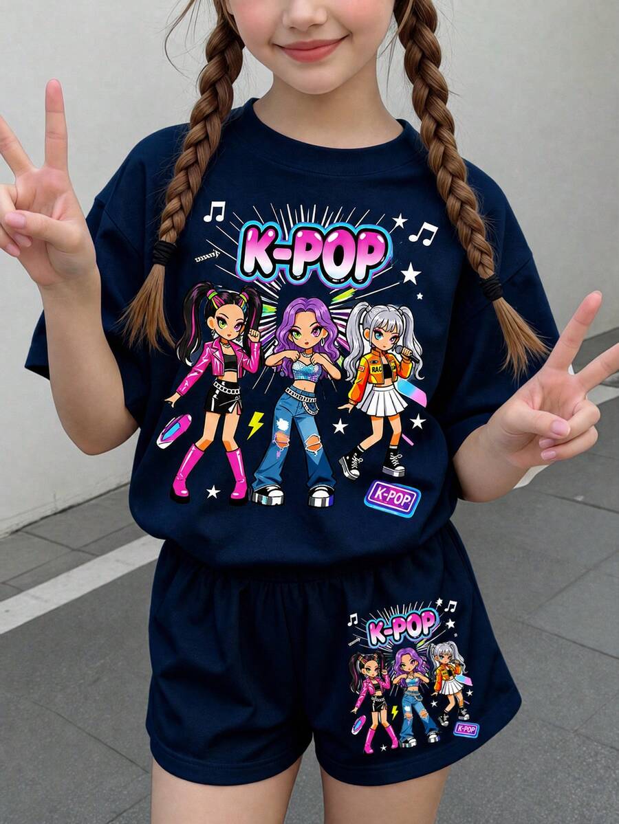 两件套少女休闲时尚彩色韩流女团卡通人物印花套装,藏蓝色圆领短袖T恤和短裤,适合夏季穿着 - 彩色 - 查看 1