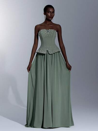Elitara Elegant, Luxurious, Rhinestone-Embellished Strapless Dress, Suitable For Weddings, Parties, Vacations, Galas, And Formal Events
