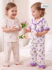 Baby Girls' Purple Simple Long Pants And Short Sleeve Loose Casual 2pcs Homewear Set - Purple - View 4