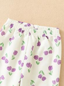 Baby Girls' Purple Simple Long Pants And Short Sleeve Loose Casual 2pcs Homewear Set - Purple - View 7