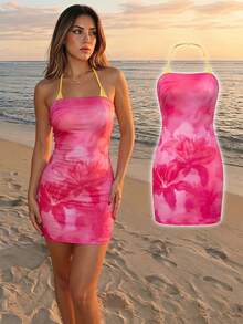 SHEIN Floral Print Sleeveless Dress For Teens,Pink Fitted Summer Beach Holiday Vacation,Girly Bow Tie Neck Breathable Dress For Daily Campus Outfit - Multicolor - View 3