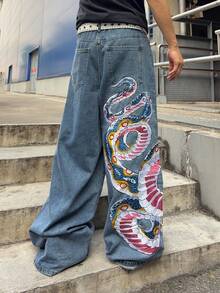 ROMWE MEN Jeans holgados con patrón de serpiente bordado para hombres - Azul - Ver 4