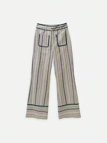 Nöista Pantalones de pierna ancha a rayas de cintura alta con ribete de contraste, bolsillos parche y bajo con puño. Perfectos para el look de verano, vacaciones, ropa de playa, fiesta de piscina, atuendo diario, estilo callejero. - Verde - Ver 6
