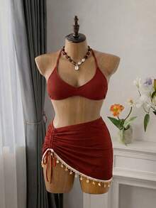 Swim Vcay Falda de tela con textura especial, unicolor, con cordón, fruncida, con borlas, conchas y estrellas de mar, para mujer de talla grande, para vacaciones de verano en la playa - Burdeos - Ver 5