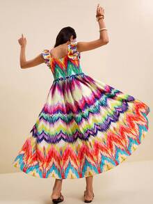 SURIMA Women's Spring/Summer Vacation Crochet Colorful Textured Print Square Neck Ruffle Strap Straight Print Dress - Multicolor - View 2