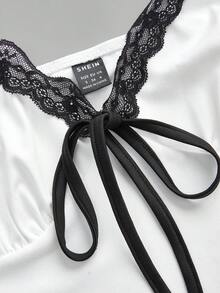 Olithes Women's Lace Patchwork Bow Decor Casual Sexy Versatile Daily Wear Camisole Golf White Summer - Black and White - View 3