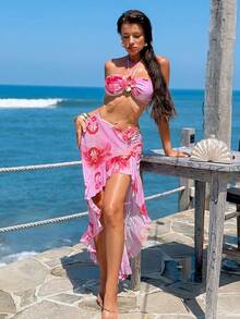 Swim Oasis Bộ bikini 3 mảnh dành cho nữ, thích hợp cho kỳ nghỉ hè ở bãi biển, họa tiết hoa, phần ngực xếp ly. - Hồng - Xem 4