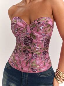 SHEIN BAE Women's Sexy Elegant Pink Floral Brocade Bustier Crop Top, Club Night Out Wear, Date Wear, Vintage Wear, Summer Wear, Bodycon, Y2K Top - Pink - View 4
