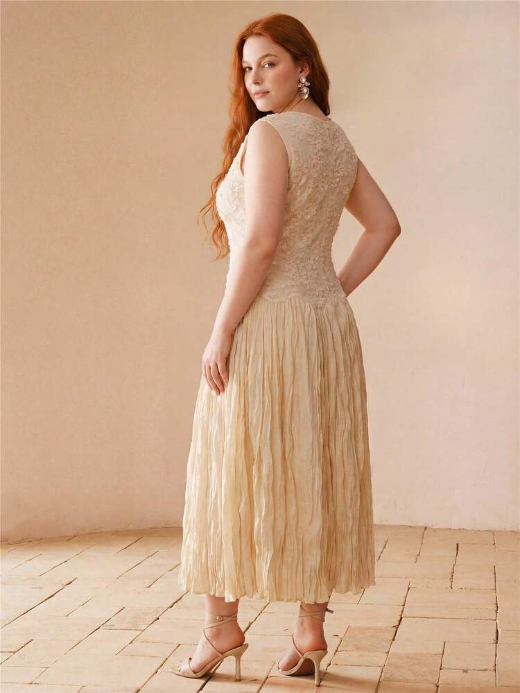 ASYMMETRICAL PLEATED FLARED HEM SLEEVELESS SEQUIN DECORATED UNIQUE FABRIC ELEGANT PLUS SIZE DRESS FOR WOMEN